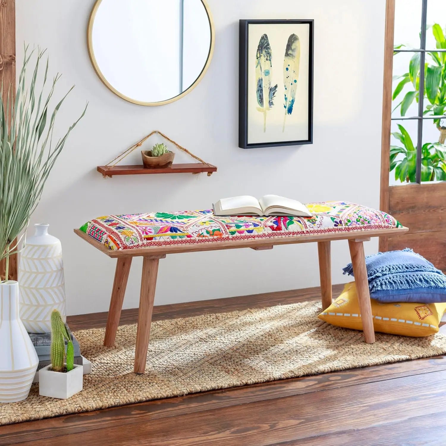 Mark&Day Bedroom Bench, Gran Dark Green Upholstered End of Bed Ottoman Benches, Rustic Boho Entryway Footrest Stool Seat, Handma