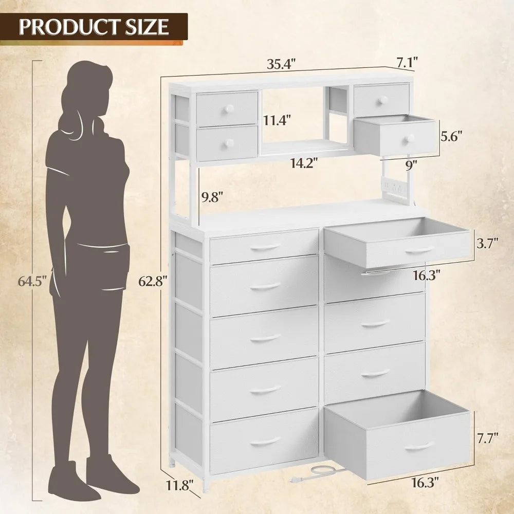 Tall Dresser for Bedroom with 14 Fabric Drawers,White Dresser with Charging Station and LED Lights,Dressers & Chests of Drawers