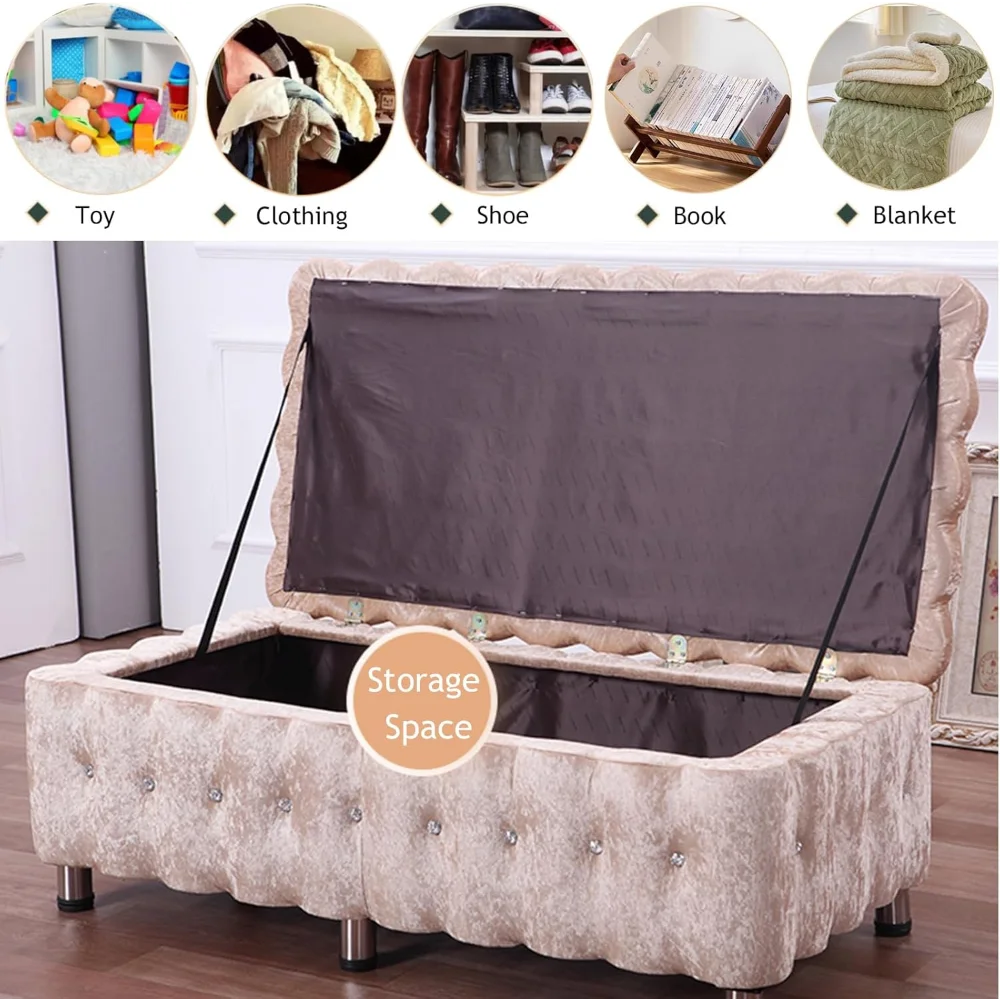Velvet Tufted Storage Ottoman Bench, Upholstered Large Capacity Entryway Bench with Metal Legs,Modern Comfy End of Bed Benches