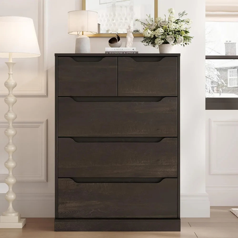 modern 5 drawer dresser for bedroom, chest of drawers with storage, wood storage chest organizers with cut-out handles, accent