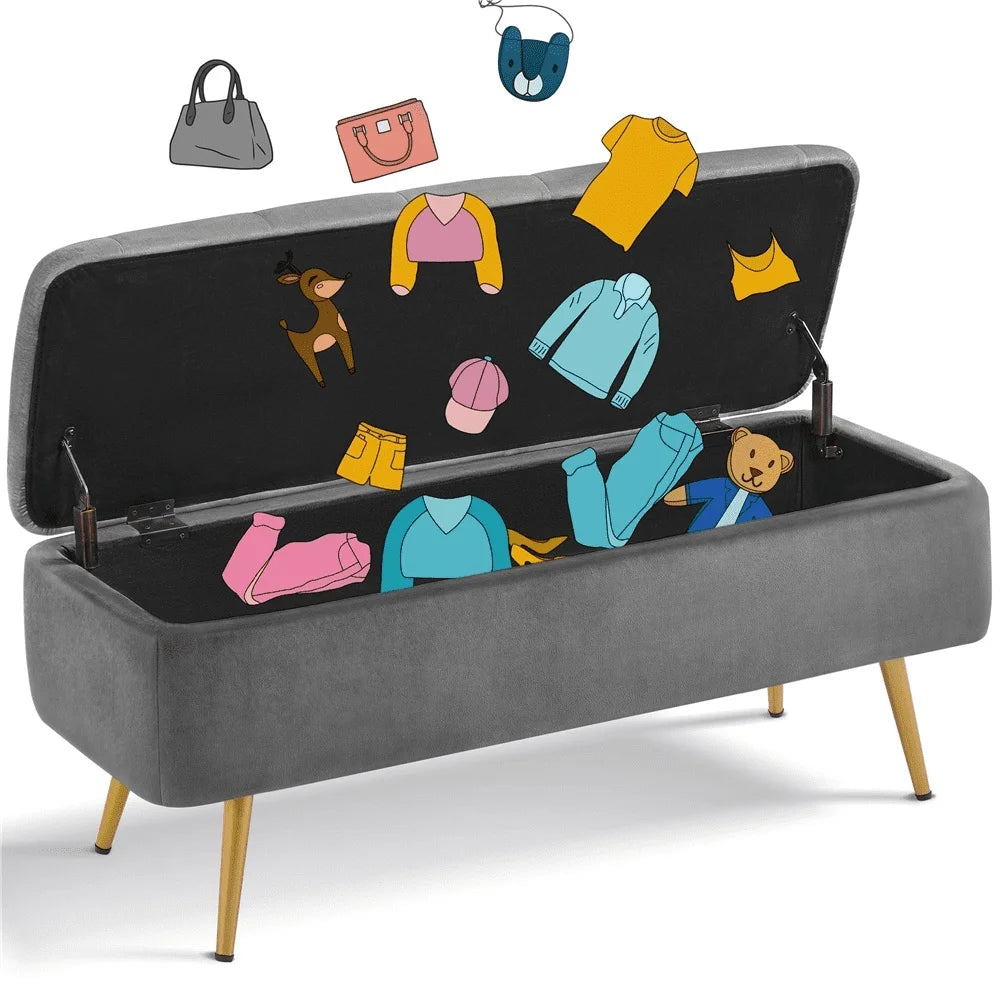 Modern Velvet Upholstered Storage Bench with Metal Legs Indoor Use Soft Touch High Density Foam Quick Assembly Large Capacity