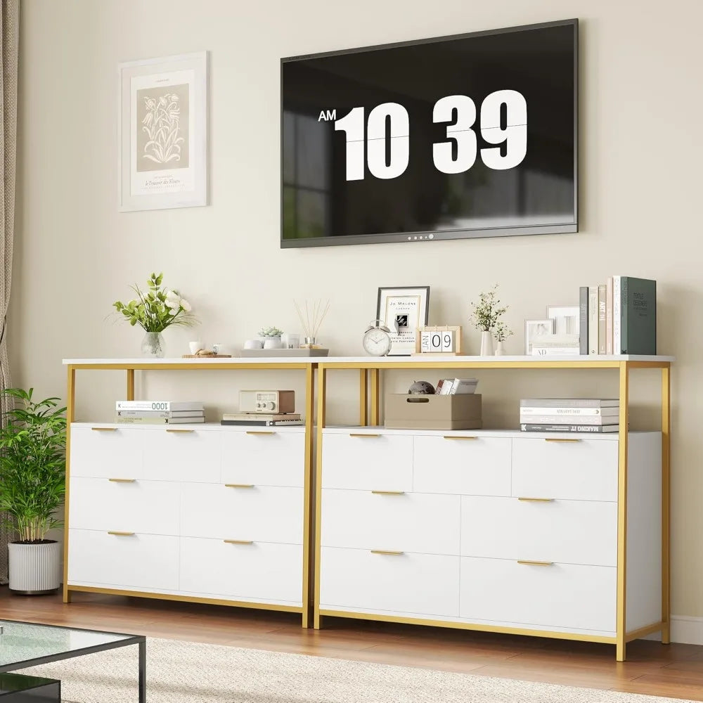 Modern 7 Drawer Dresser, White Dresser with Metal Handles, White and Gold Dresser, Tall Dresser Chest of Drawers, Large Capacity