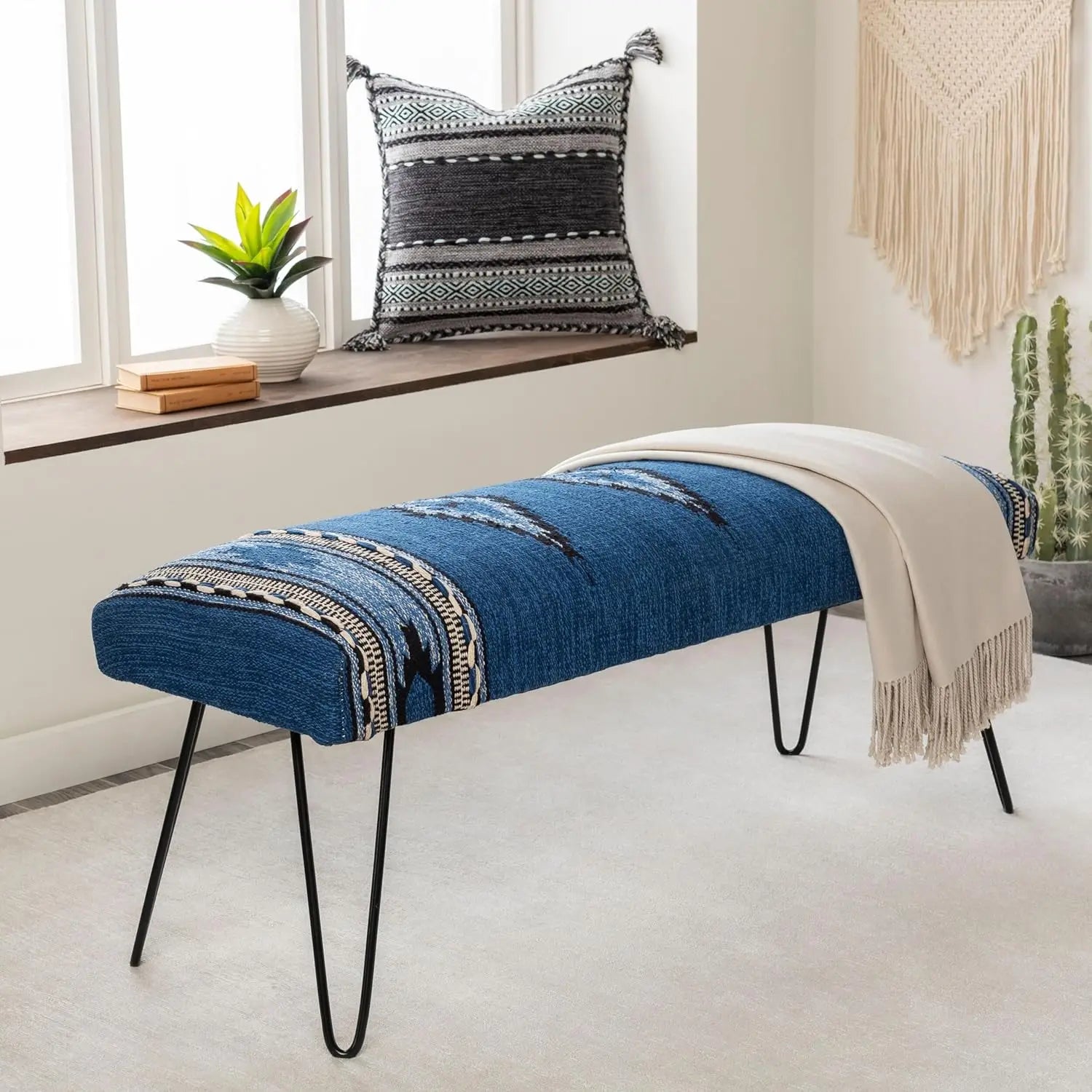 Mark&Day Bedroom Bench, Gran Dark Green Upholstered End of Bed Ottoman Benches, Rustic Boho Entryway Footrest Stool Seat, Handma